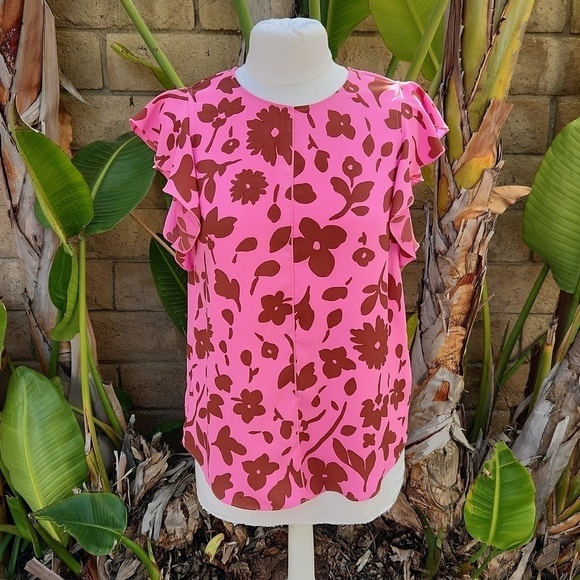 kate spade Tops - Kate Spade Splash Floral Crewneck Flutter Sleeve Keyhole Top Size S Pink Multi